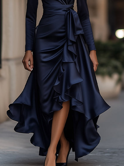 Draped Satin Maxi Dress With Ruffle Details