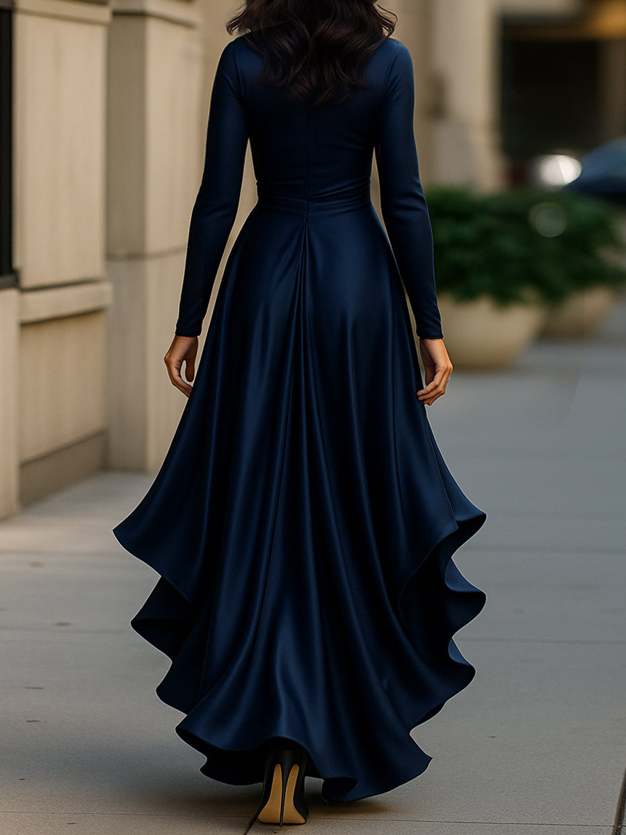 Draped Satin Maxi Dress With Ruffle Details