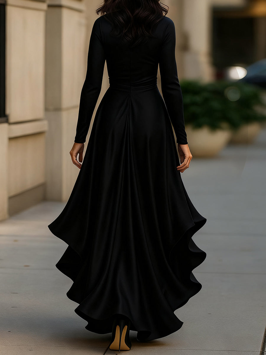 Draped Satin Maxi Dress With Ruffle Details