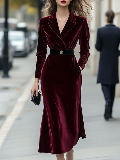 Classic Long-Sleeve Velvet Dress With Gold Accents