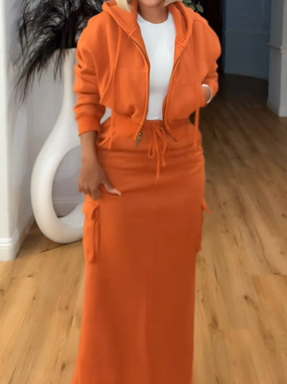 Fashion Hooded Pockets Cargo Hoodie + Skirt