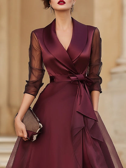 Elegant Wrap Midi Dress With Sheer Sleeves