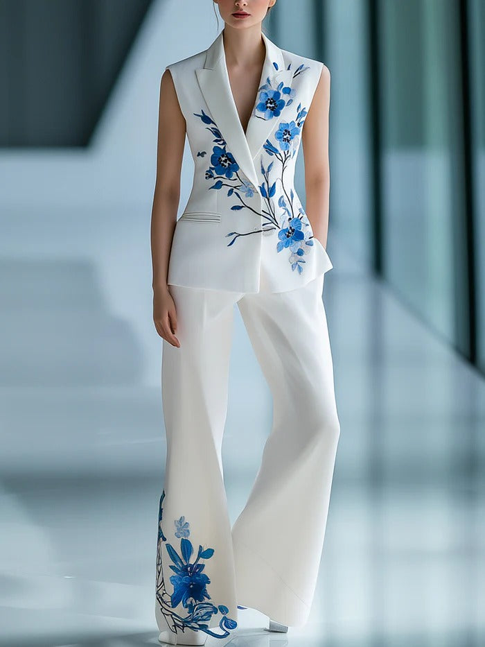 Elegant Floral-Embroidered Suit