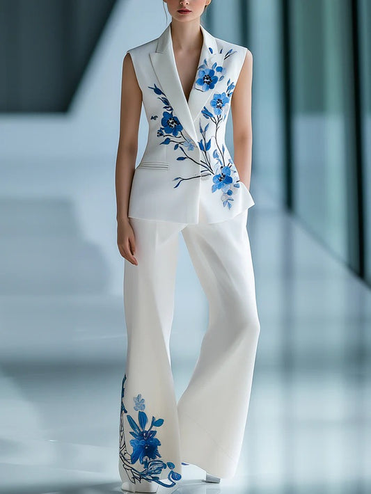 Elegant Floral-Embroidered Suit