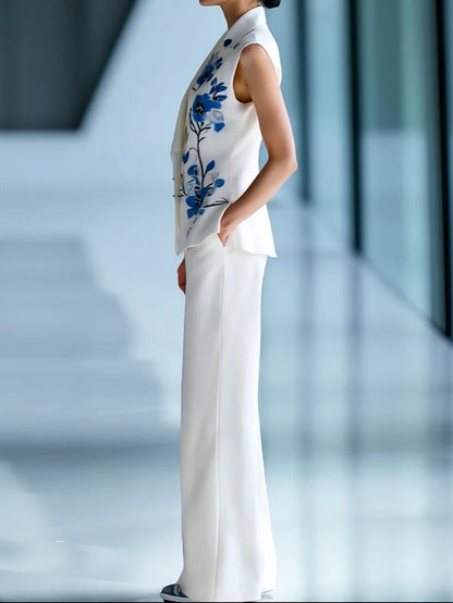 Elegant Floral-Embroidered Suit