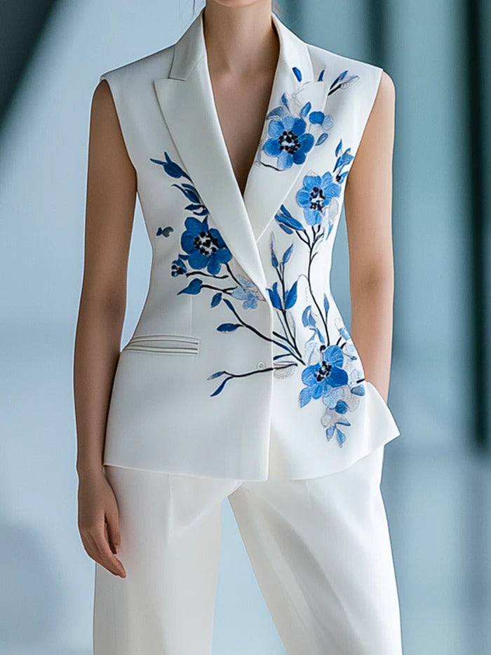 Elegant Floral-Embroidered Suit