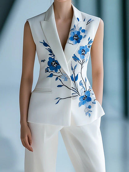 Elegant Floral-Embroidered Suit