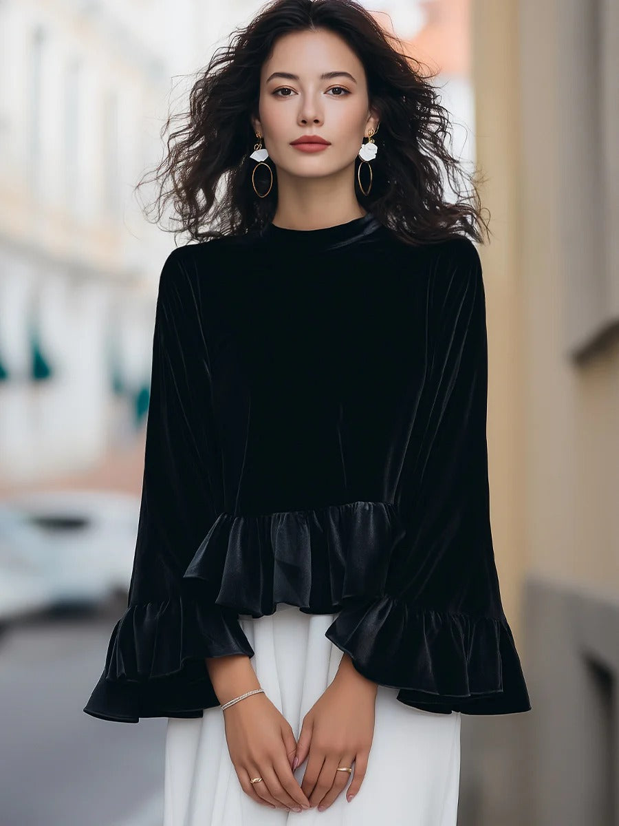 Round Neck Velvet Ruffle-Trim Blouse
