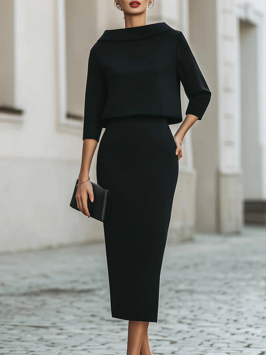 Boat Neck Top And Midi Skirt Set