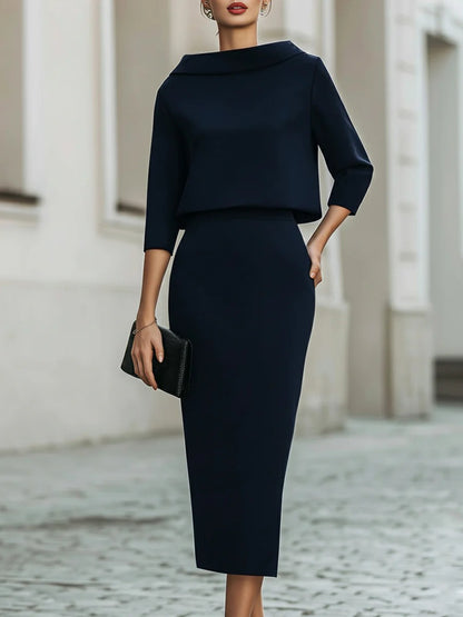 Boat Neck Top And Midi Skirt Set