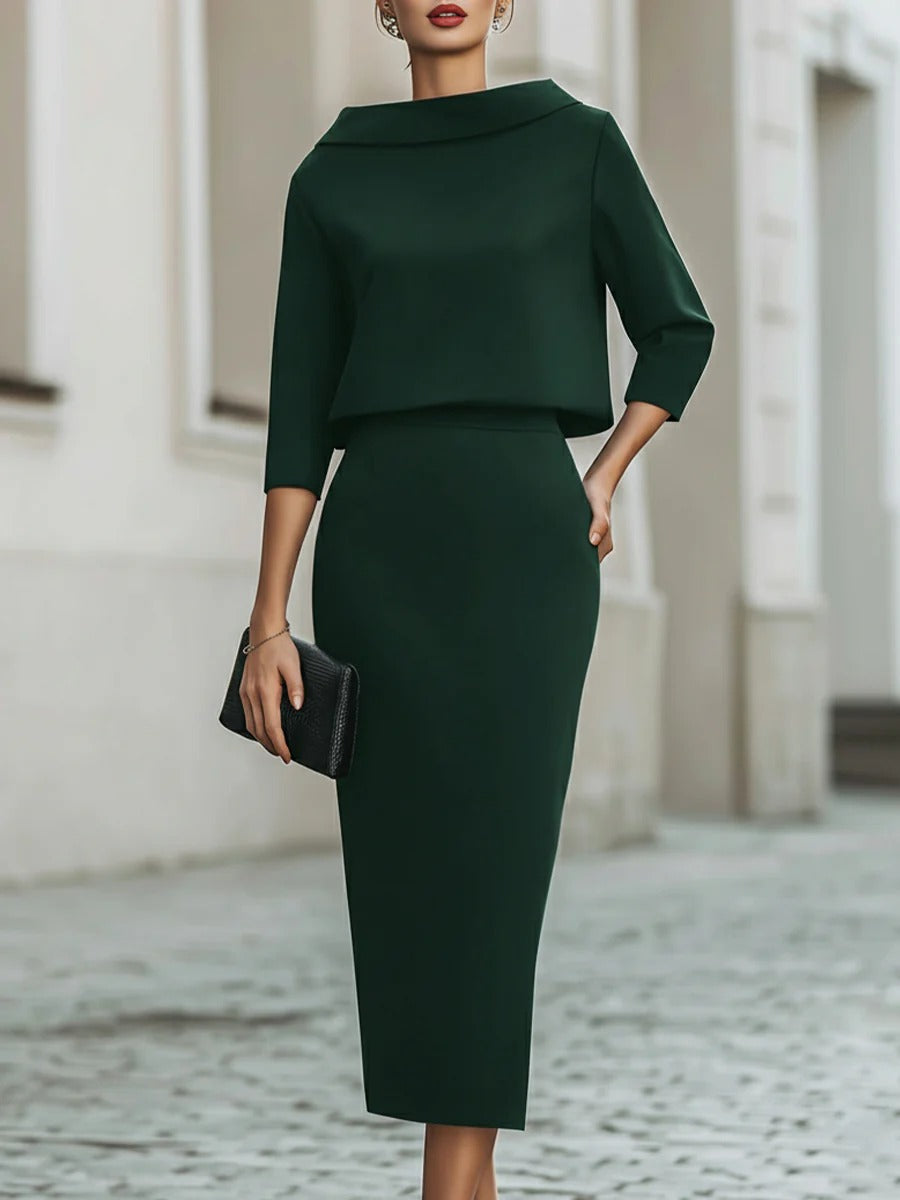 Boat Neck Top And Midi Skirt Set