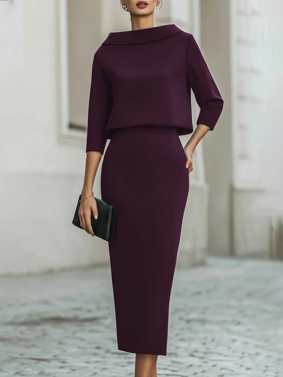 Boat Neck Top And Midi Skirt Set