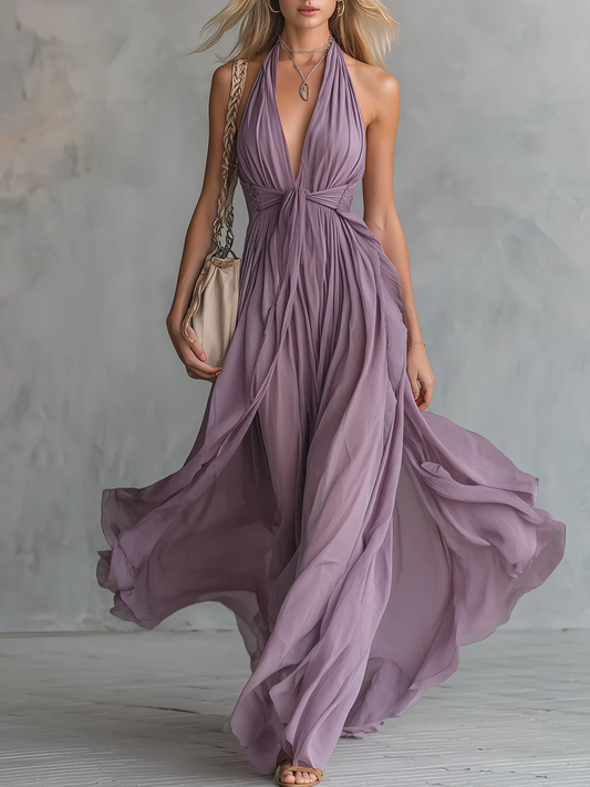Halter Neck V-neck Sleeveless Chiffon Maxi Dress