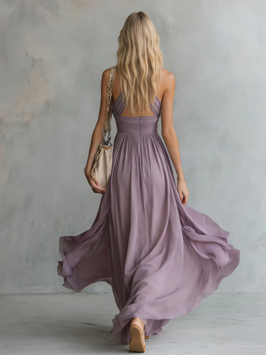 Halter Neck V-neck Sleeveless Chiffon Maxi Dress