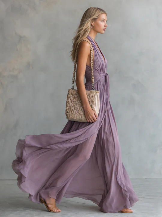 Halter Neck V-neck Sleeveless Chiffon Maxi Dress