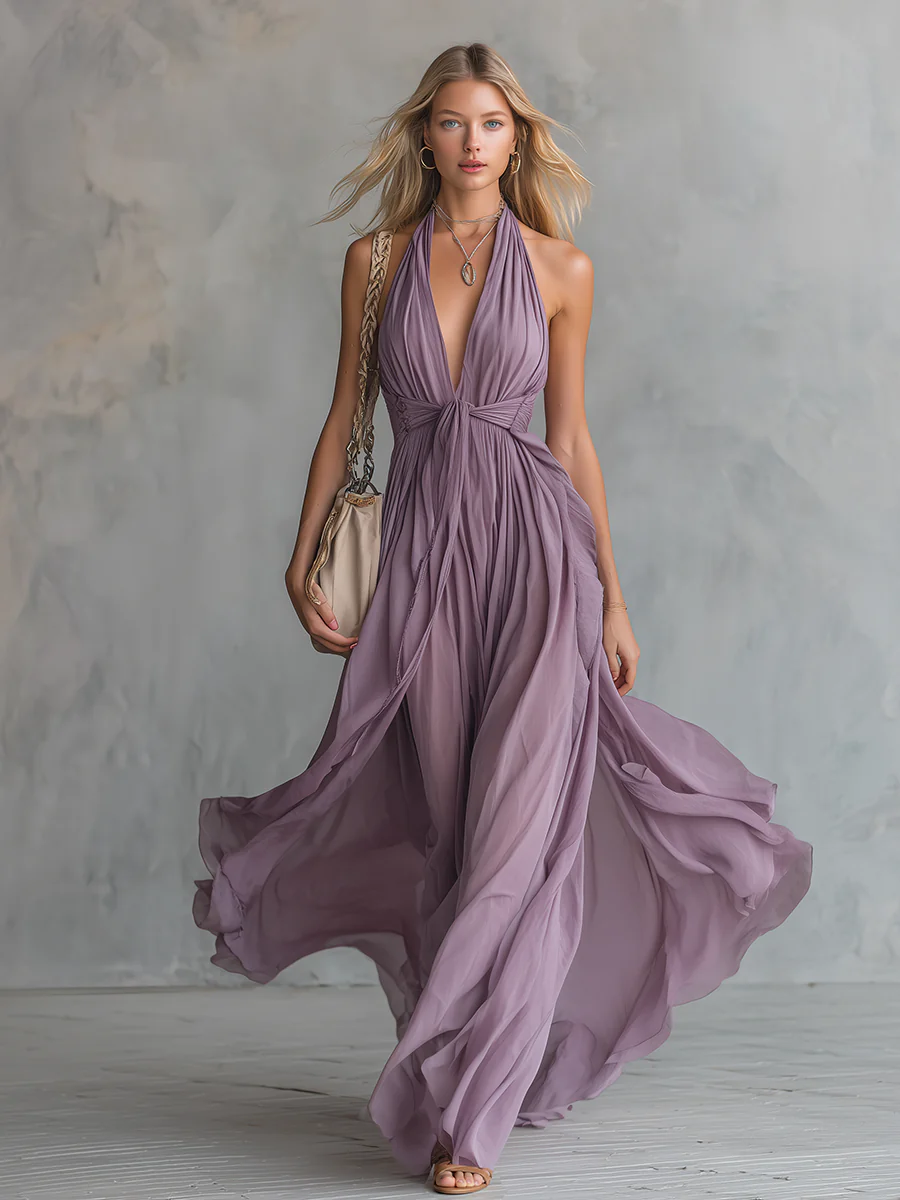 Halter Neck V-neck Sleeveless Chiffon Maxi Dress