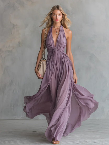 Halter Neck V-neck Sleeveless Chiffon Maxi Dress