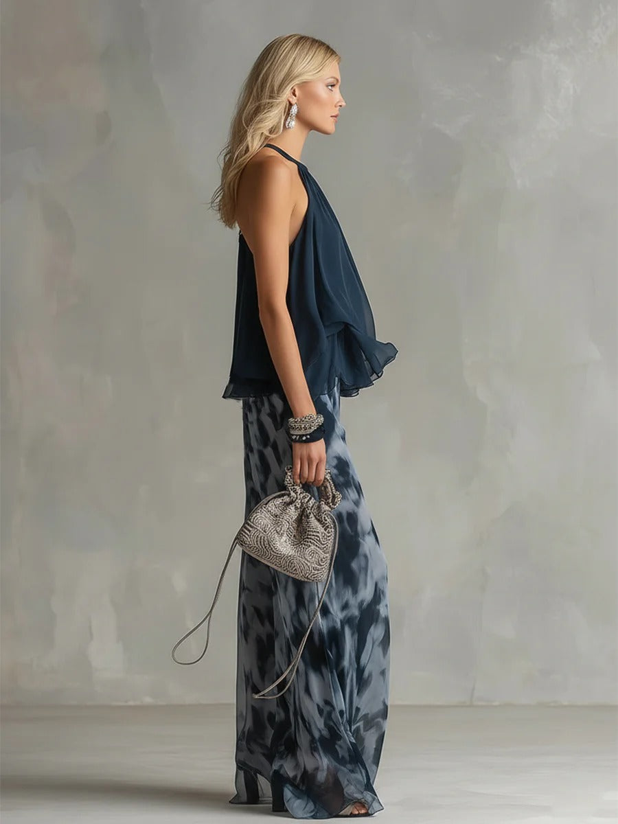 Elegant Urban Navy Blue Halter Neck Top And Printed Wide-leg Pants Chiffon Set