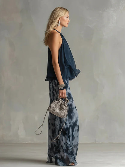 Elegant Urban Navy Blue Halter Neck Top And Printed Wide-leg Pants Chiffon Set