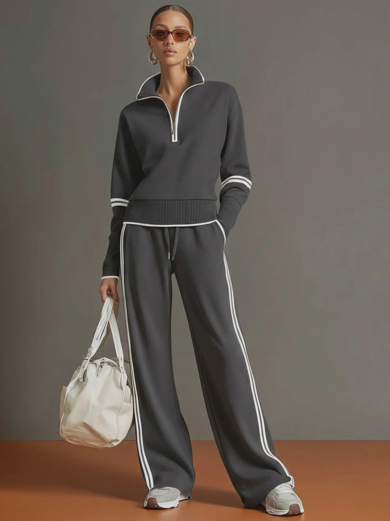 Half-zip Sweatshirt And Wide-leg Pants Set