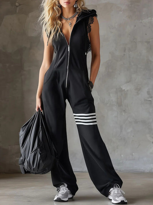 Sporty Retro Lace Striped Sleeveless Hooded Jumpsuit