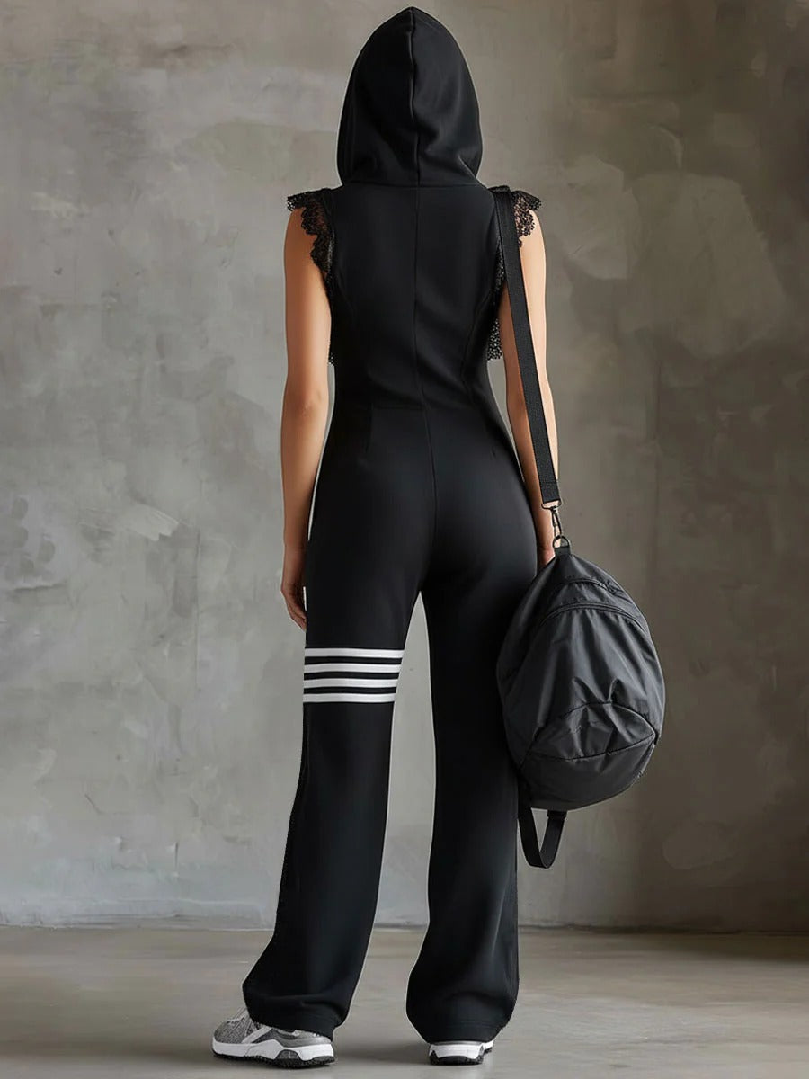 Sporty Retro Lace Striped Sleeveless Hooded Jumpsuit