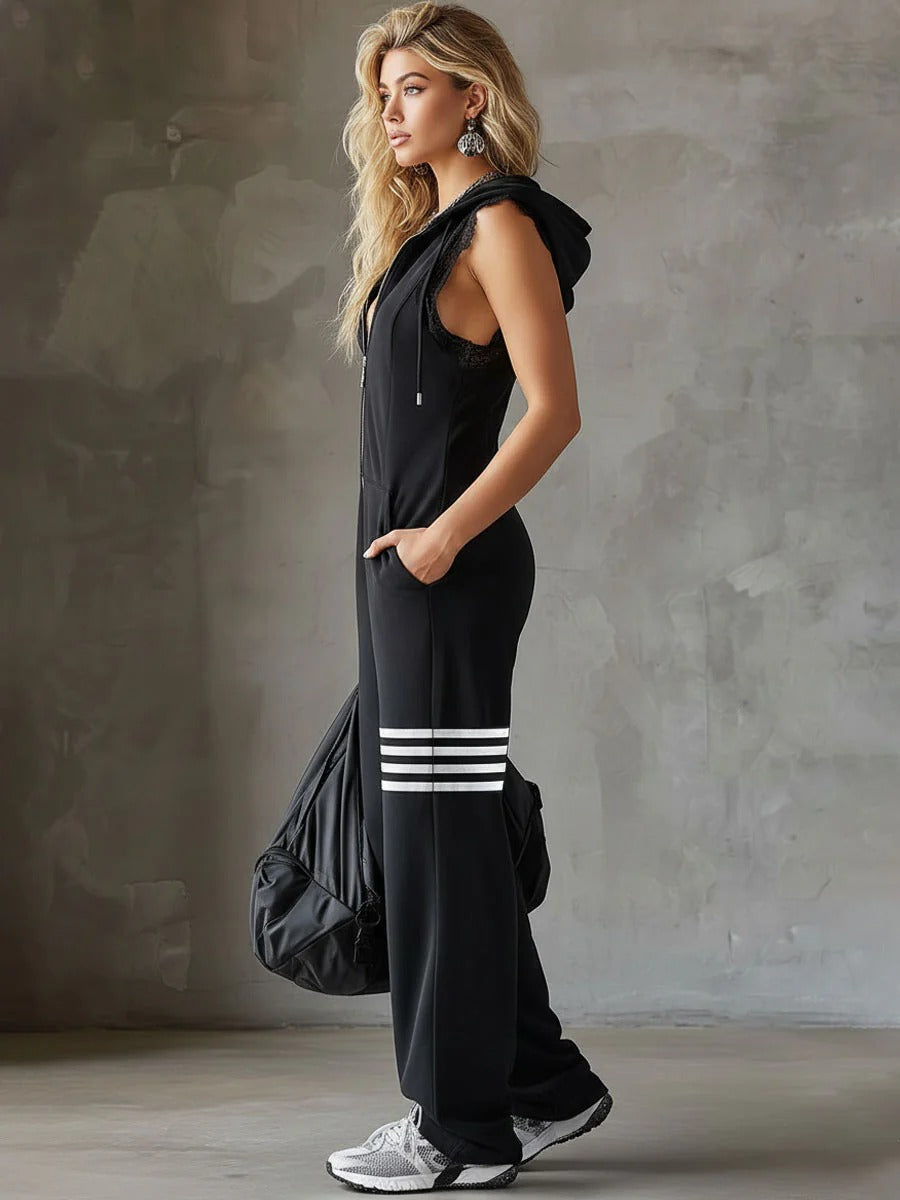 Sporty Retro Lace Striped Sleeveless Hooded Jumpsuit
