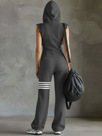 Sporty Retro Lace Striped Sleeveless Hooded Jumpsuit
