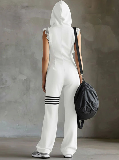 Sporty Retro Lace Striped Sleeveless Hooded Jumpsuit
