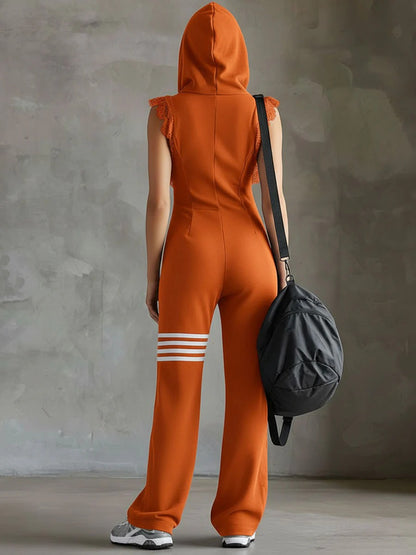 Sporty Retro Lace Striped Sleeveless Hooded Jumpsuit