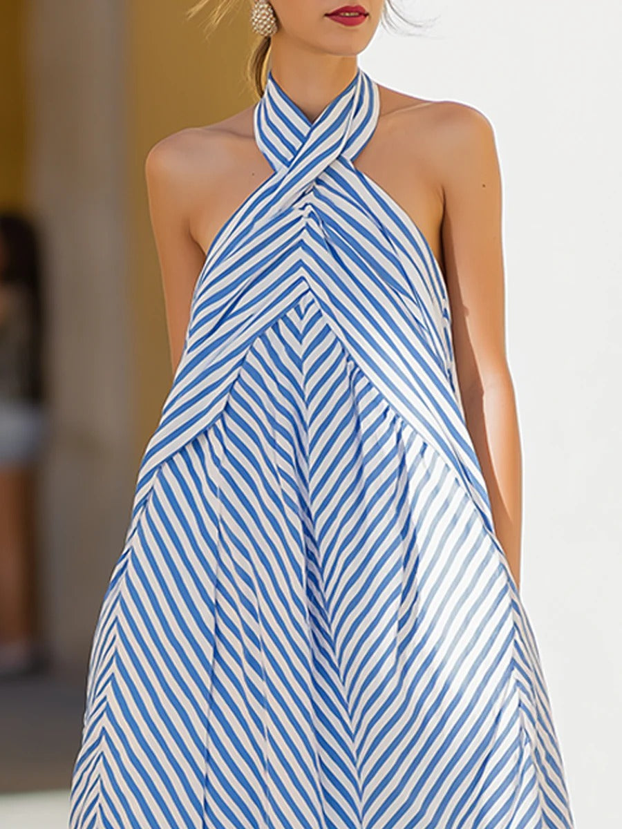 Nautical Striped Backless Maxi Dress