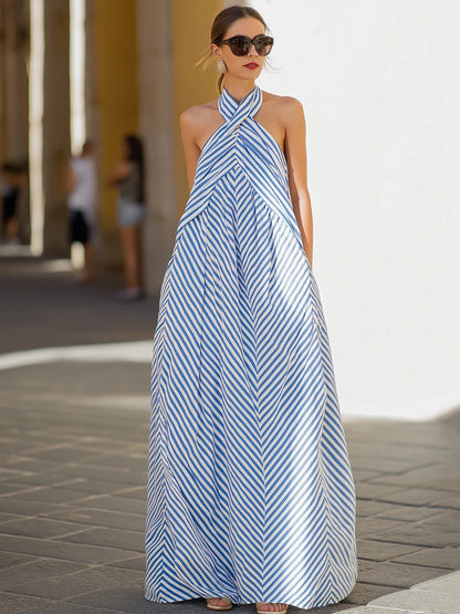 Nautical Striped Backless Maxi Dress