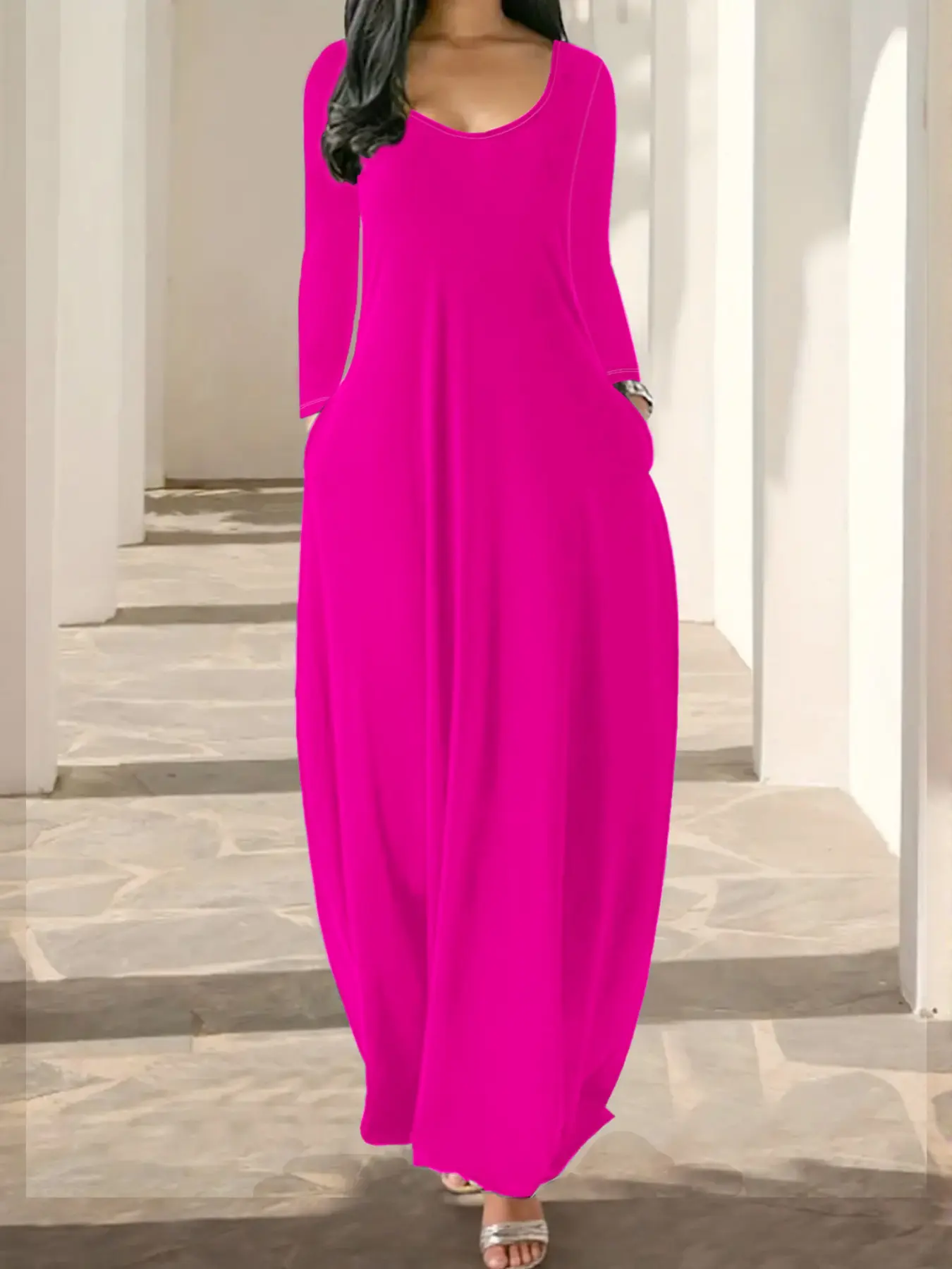 Casual Basic Round Neck Long Sleeve Pocket Sleepwear
