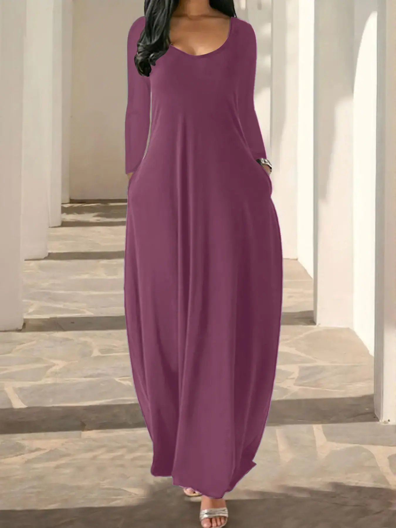 Casual Basic Round Neck Long Sleeve Pocket Sleepwear