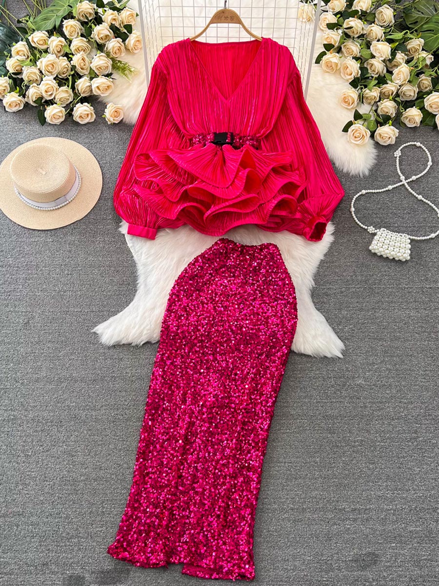 Elegant Puff Sleeve V-Neck Ruffled Top & Sequin Skirt