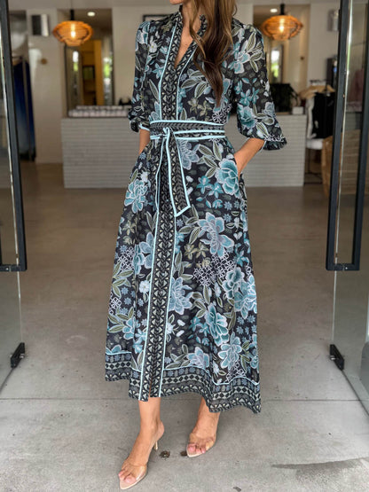 Elegant Printed Belted Maxi Dress