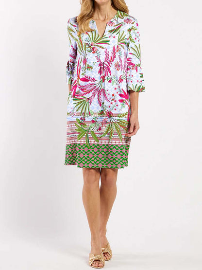 Split Neck Printed Flutter Sleeve Dress