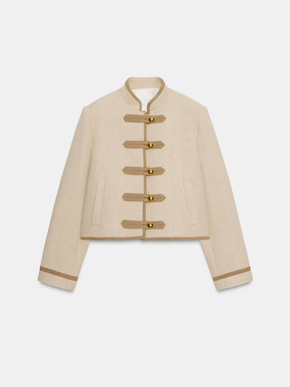 High Neck Shoulder Pads Contrasting Trim Jacket