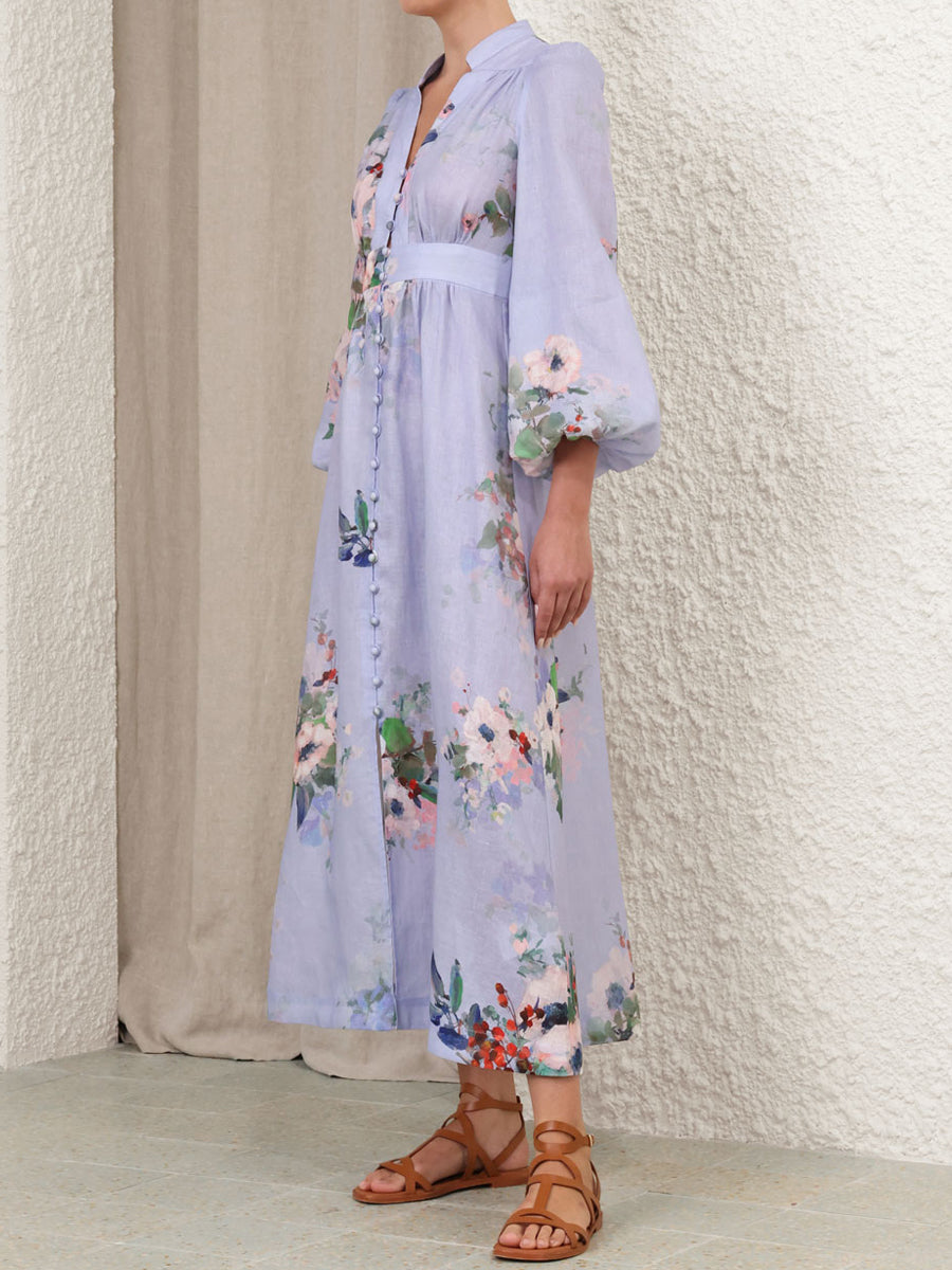 V-neck Blouson Sleeve Printed Dress