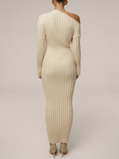 Asymmetric Neck Acrylic Accent Knitted Maxi Dress