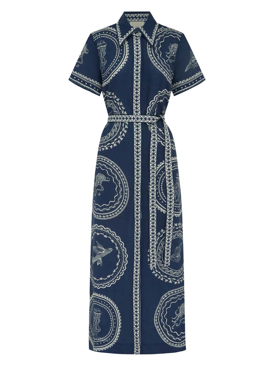 Placement Print Short Sleeve Belted Shirtdress
