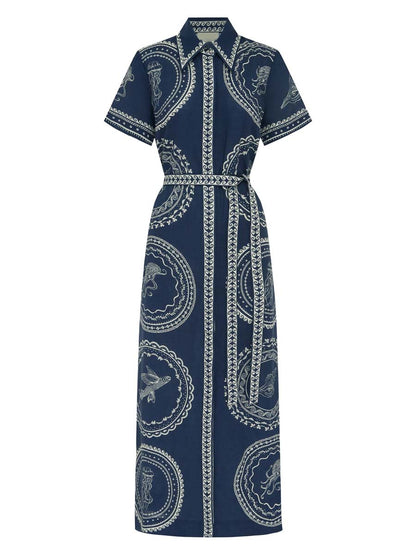 Placement Print Short Sleeve Belted Shirtdress