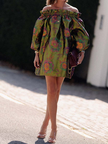 Off Shoulder Printed Ruffled Mini Dress
