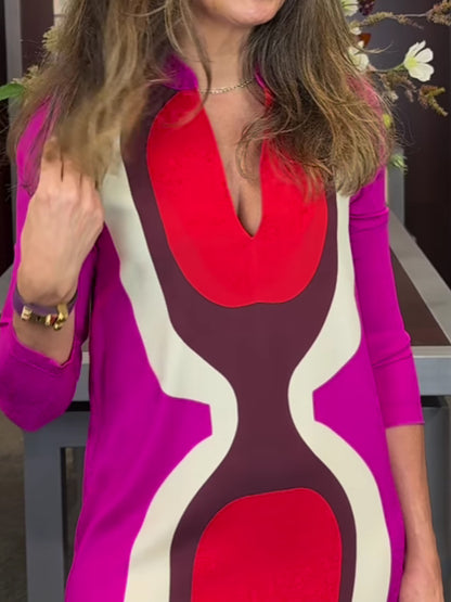 Placement Print Split Neck Slit Hem Dress