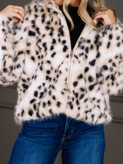 Fashion Snow Leopard Faux Fur Long Sleeve Jacket