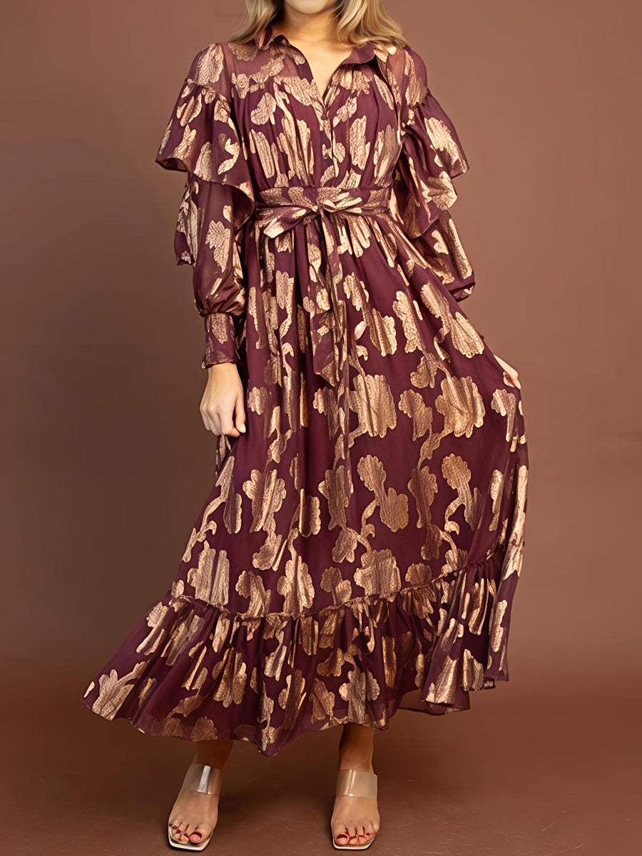 Floral Pattern Long Sleeve Chiffon Maxi Dress