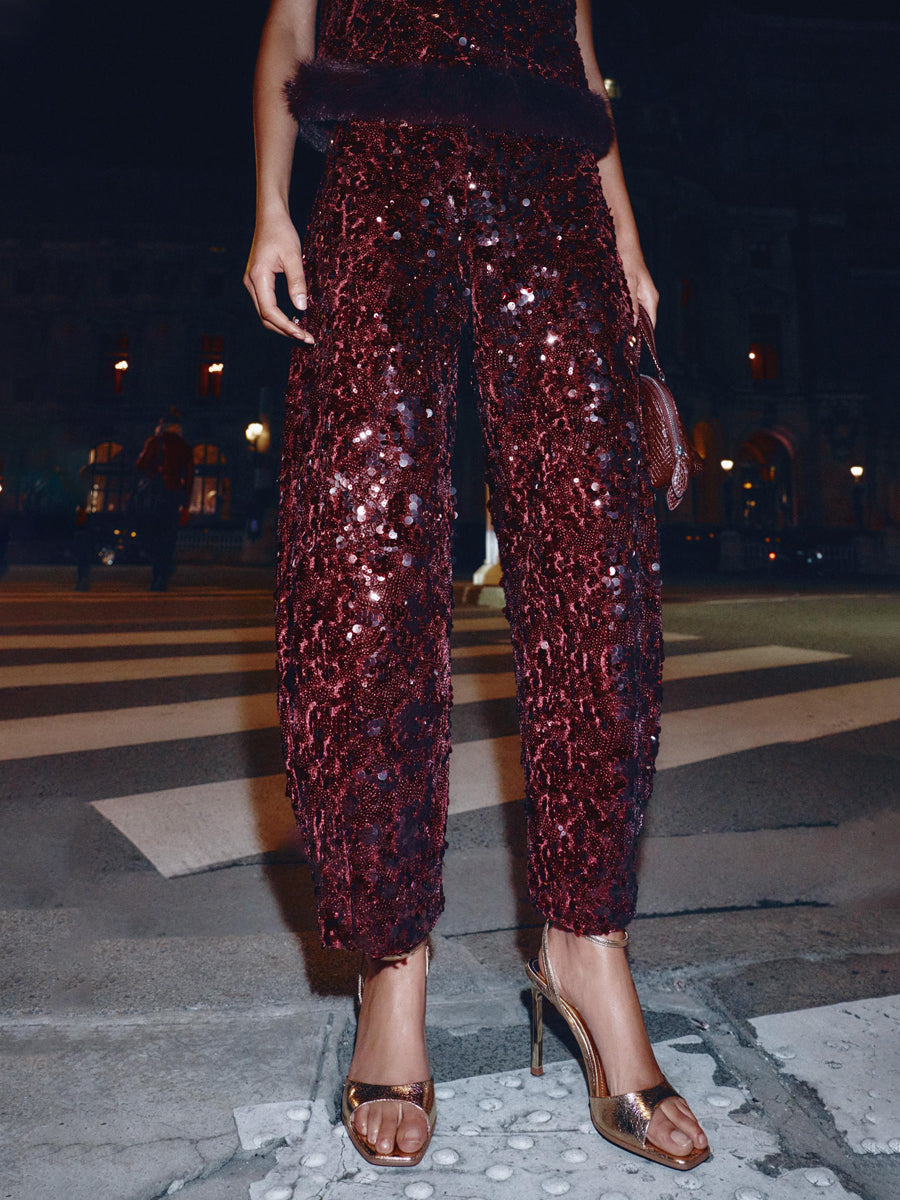 Faux Fur Hem Sequin Top & High-waist Trousers