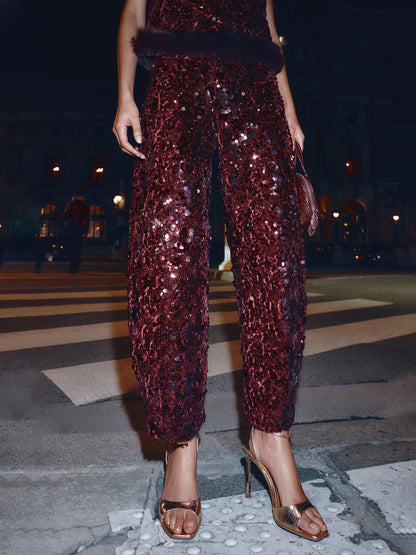 Faux Fur Hem Sequin Top & High-waist Trousers