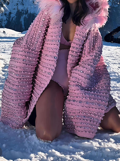 Sequined Fur Collar Hooded Zip Up Coat