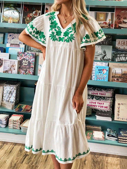 Flutter Sleeve V Neck Maxi Dress